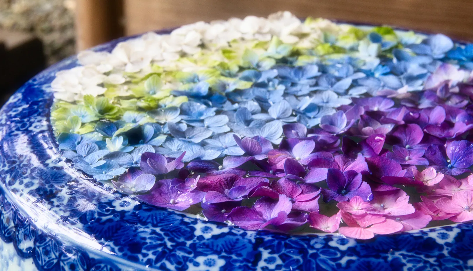 PIXTAより「手水鉢に色とりどりの花を浮かべた花手水」
